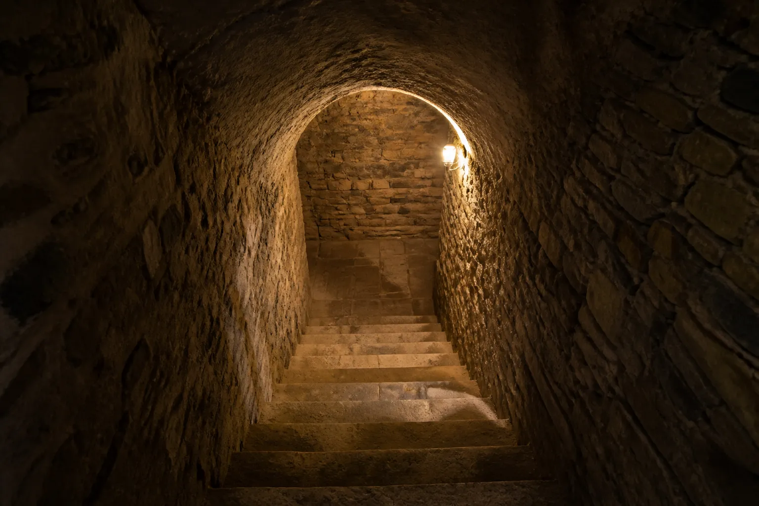 Escalier de pierre descendant vers une cave voûtée ancienne