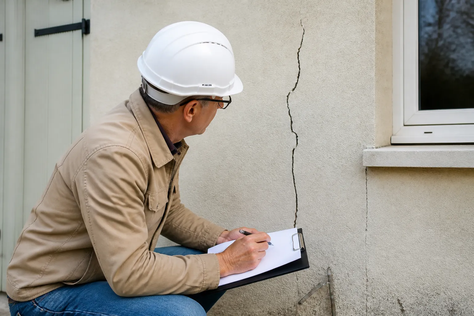 Expert en bâtiment observant une fissure sur une façade enduite