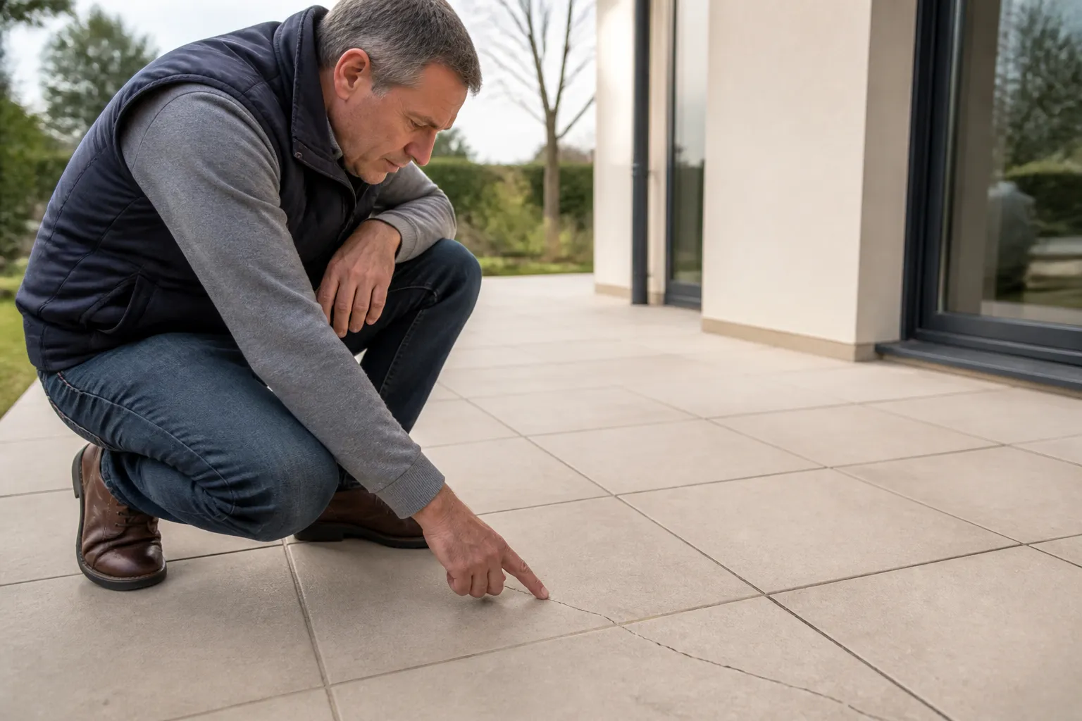 Expert en bâtiment contrôlant un dallage fissuré de terrasse
