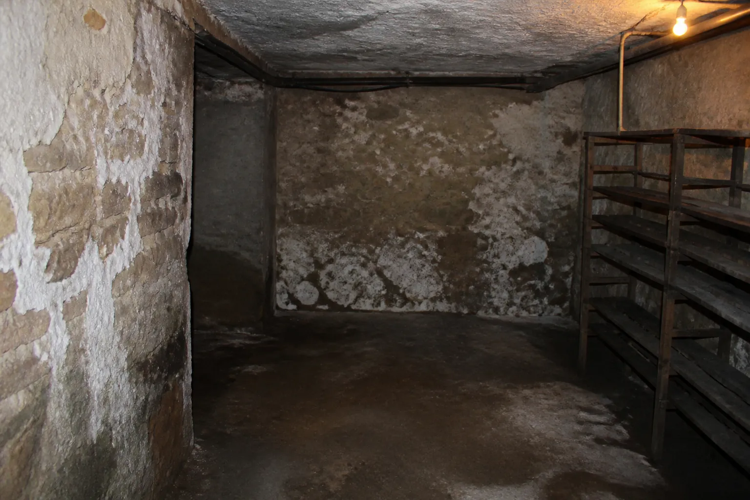 Cave d’immeuble avec traces d’humidité sur les murs