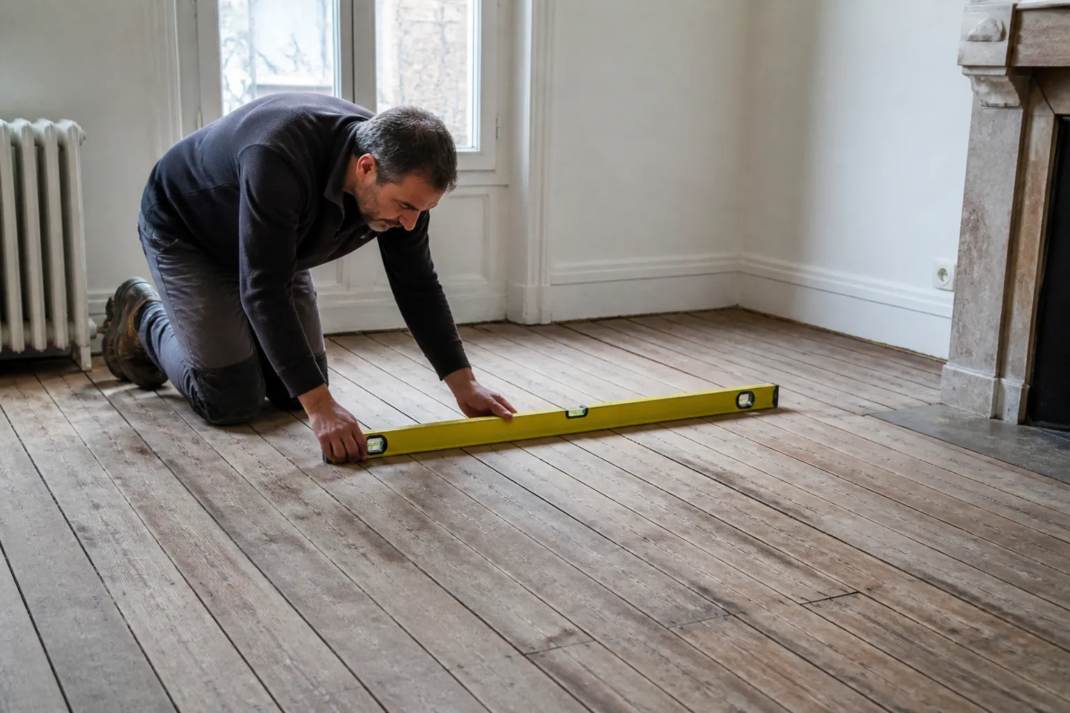 Expert en bâtiment contrôlant un plancher dans un appartement ancien