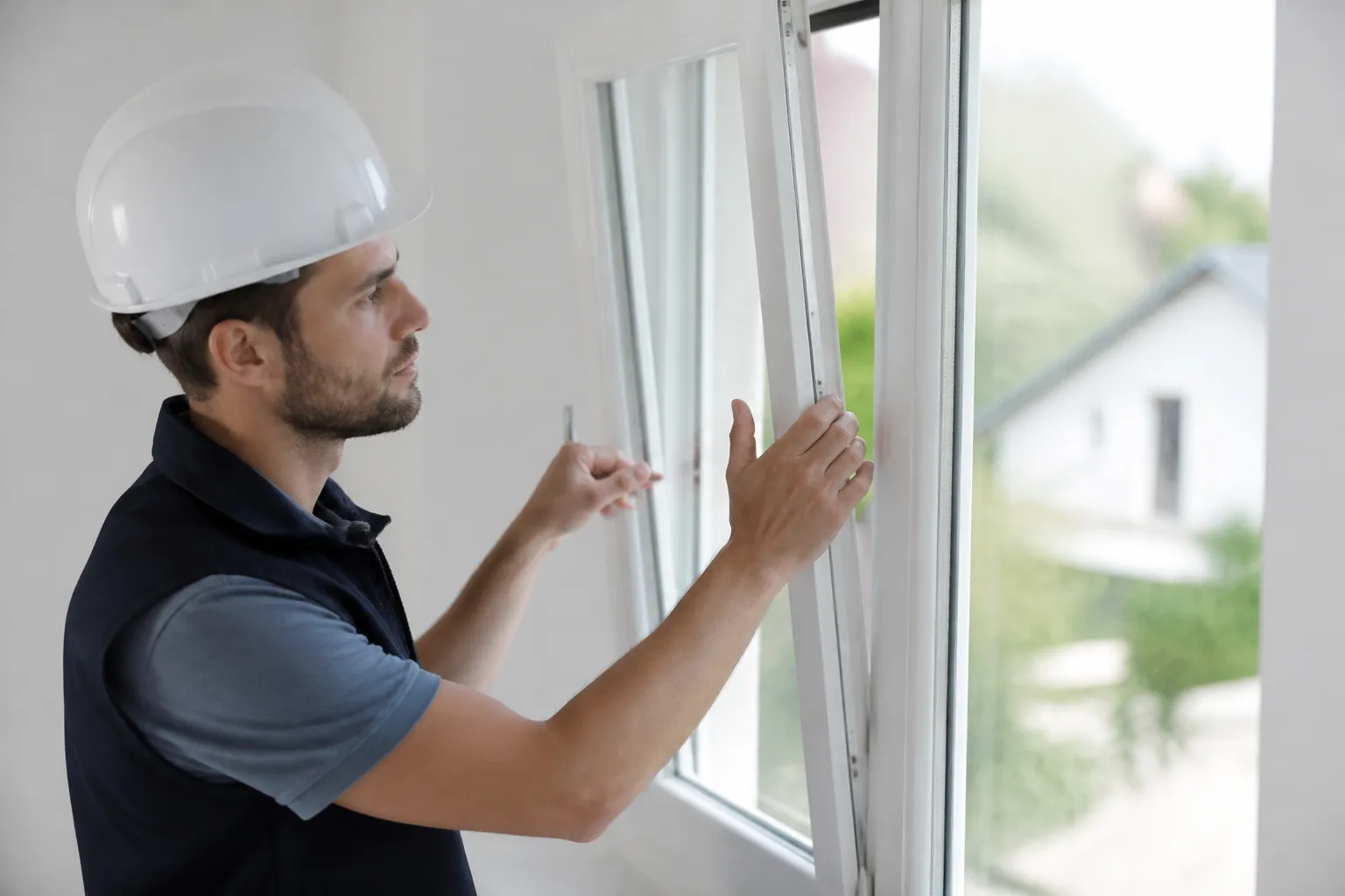 Expert en bâtiment contrôlant des menuiseries de fenêtre