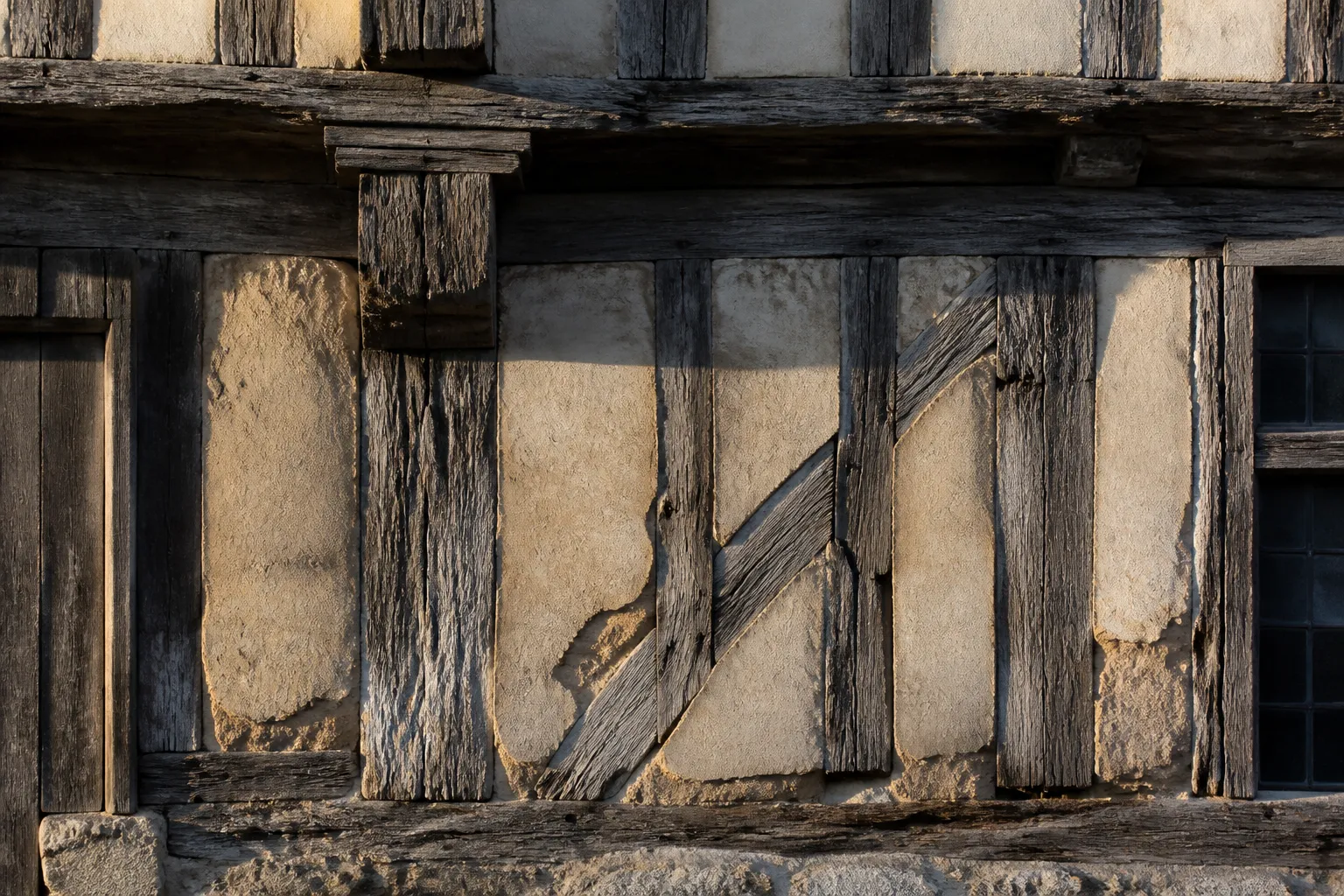 Façade à pans de bois avec détail des assemblages