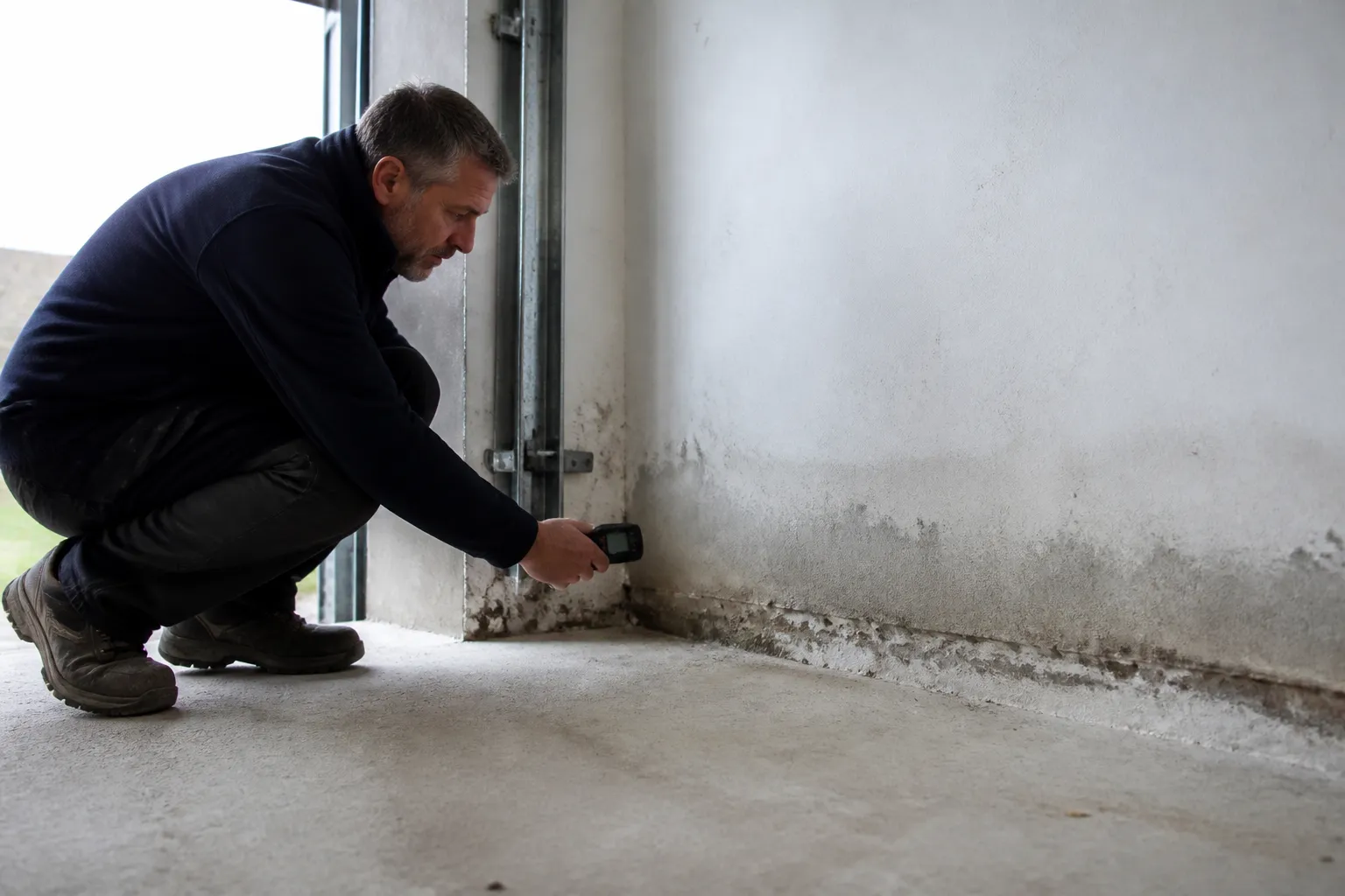 Expert en bâtiment examinant le bas d’un mur de garage