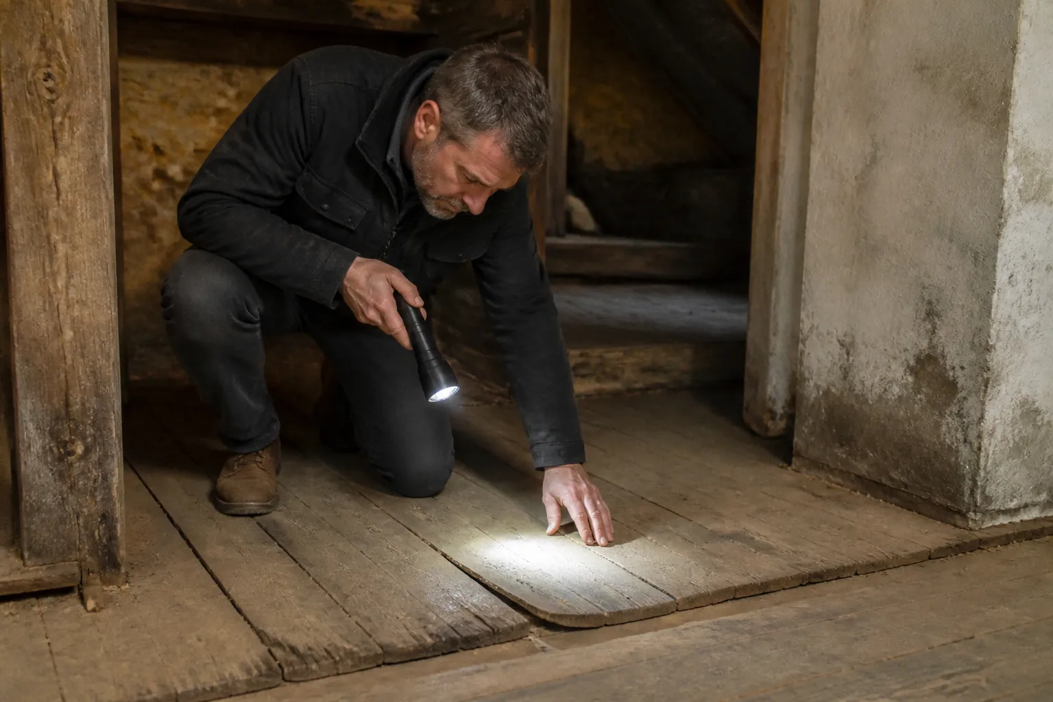 Expert en bâtiment inspectant un plancher ancien