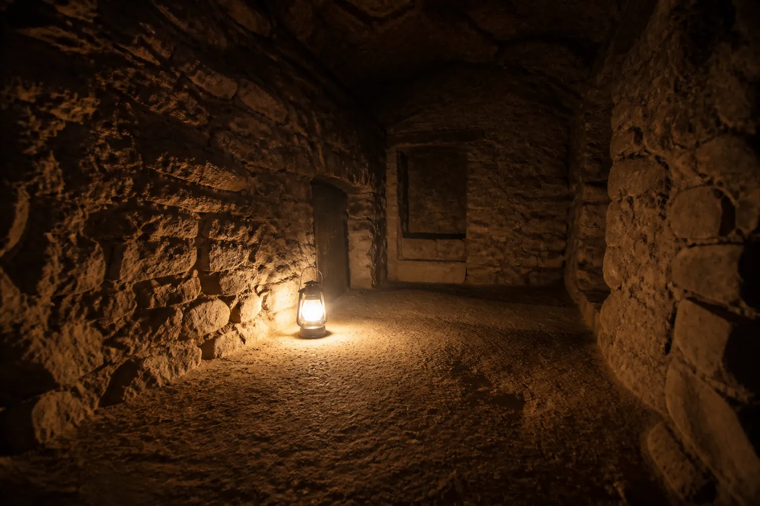 Cave ancienne avec murs en pierre et sol en terre