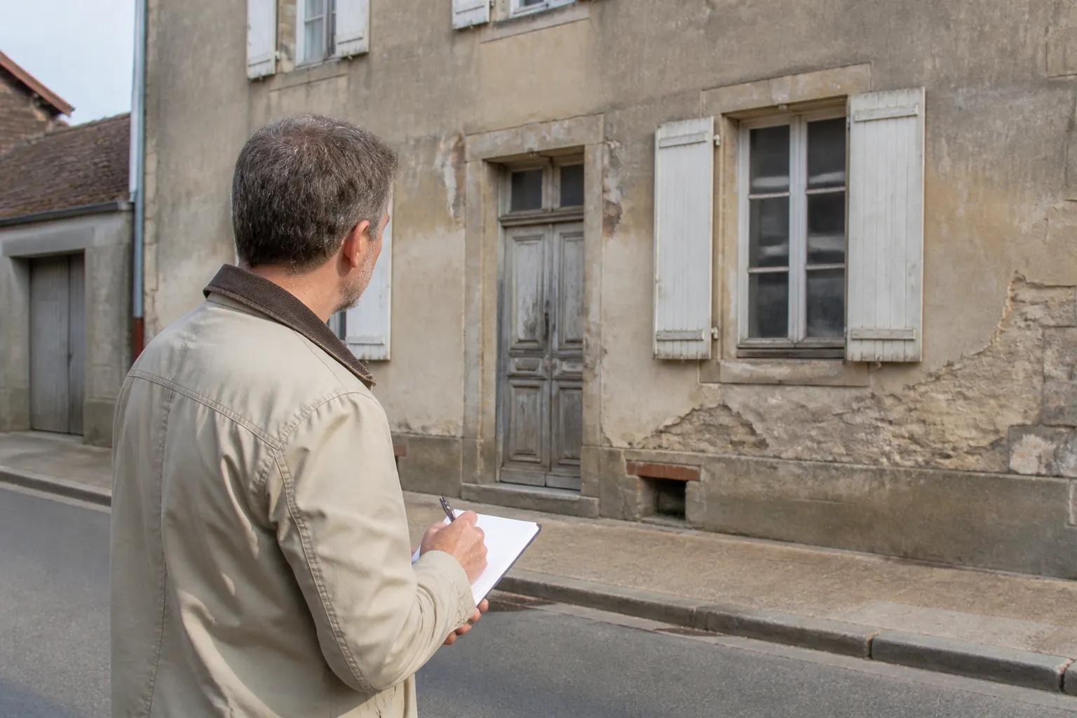 Expert en bâtiment observant une façade ancienne depuis la rue