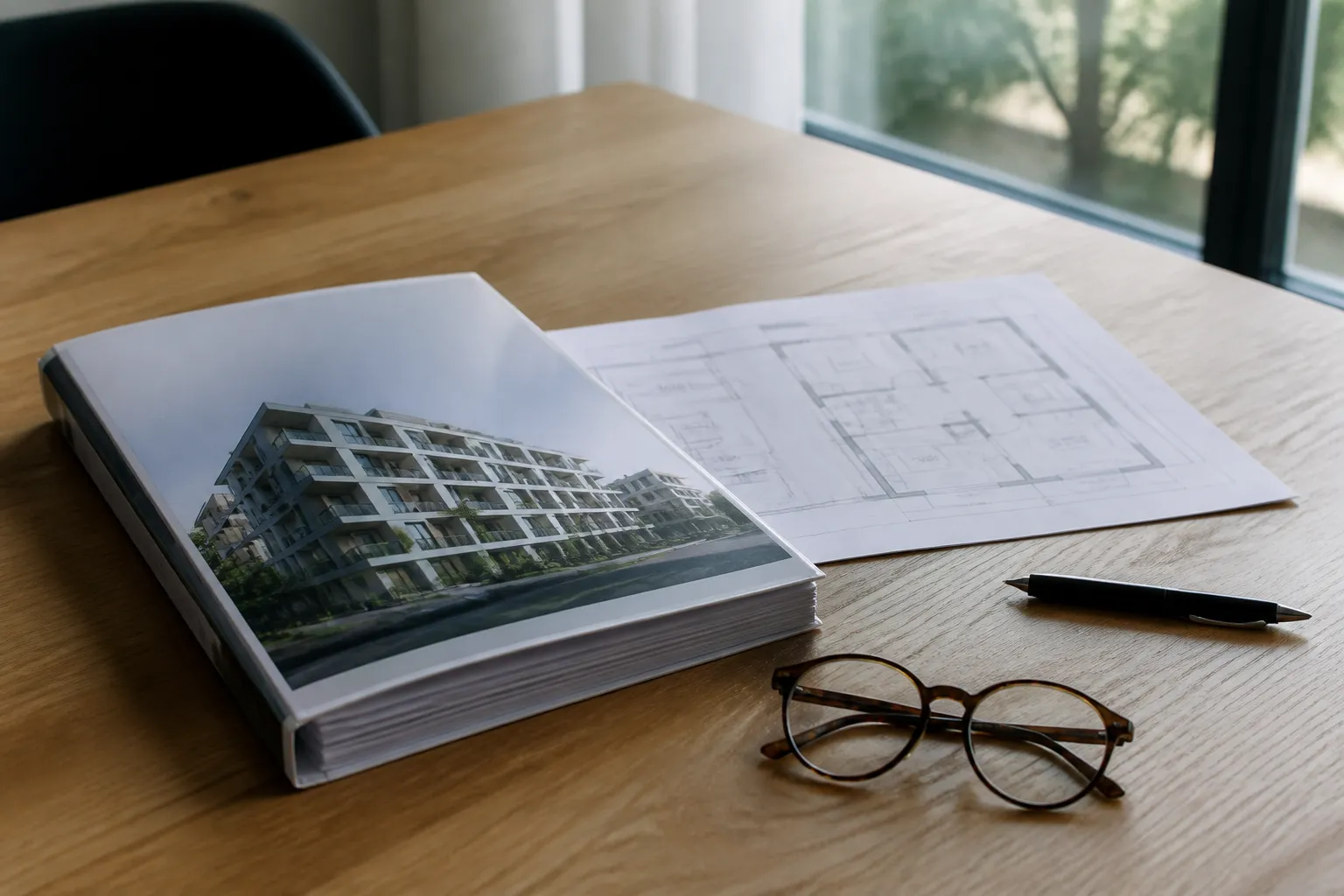 Rapport d’expertise et plan d’appartement posés sur une table