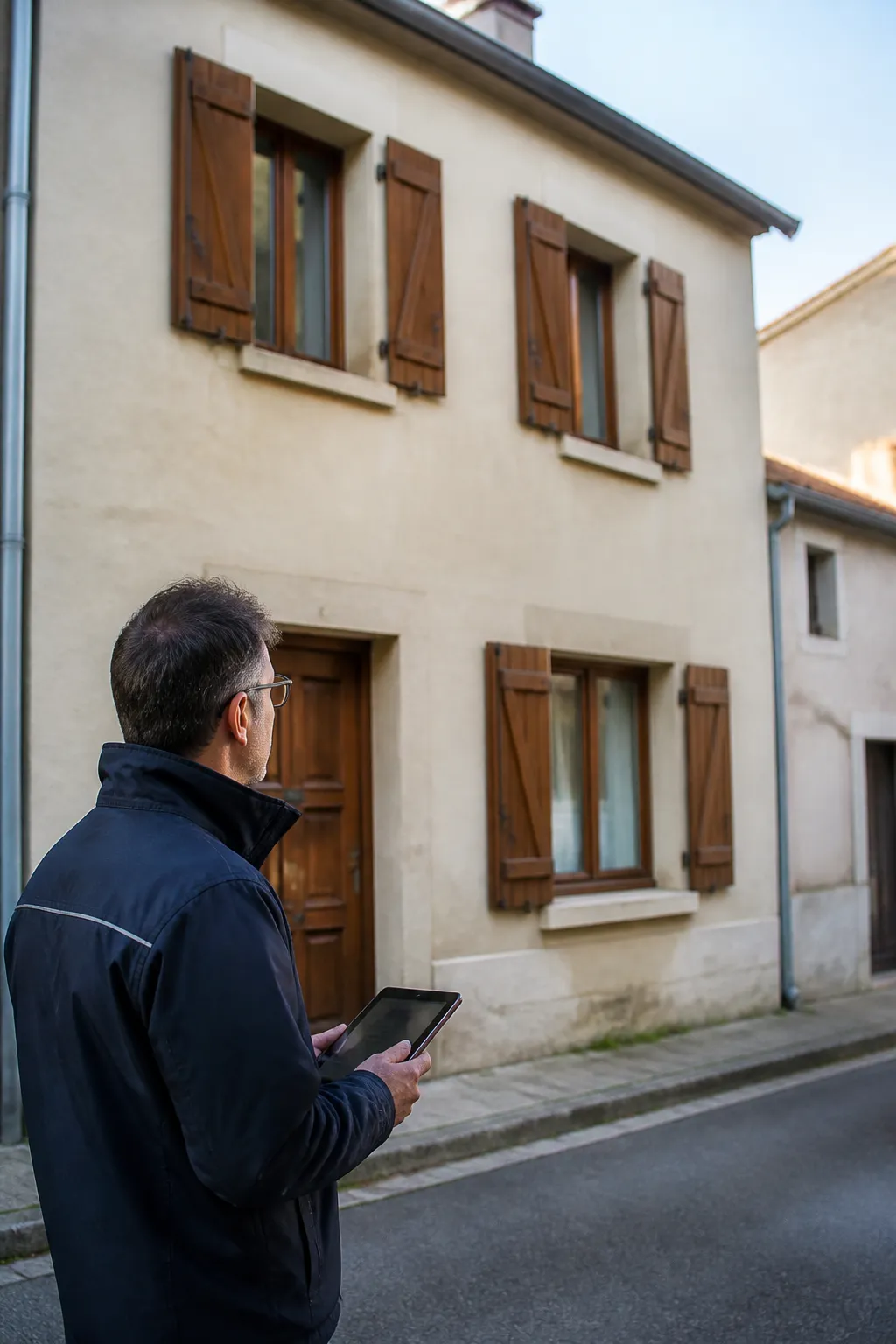Expert en bâtiment devant une maison de bourg avant un achat à Delle