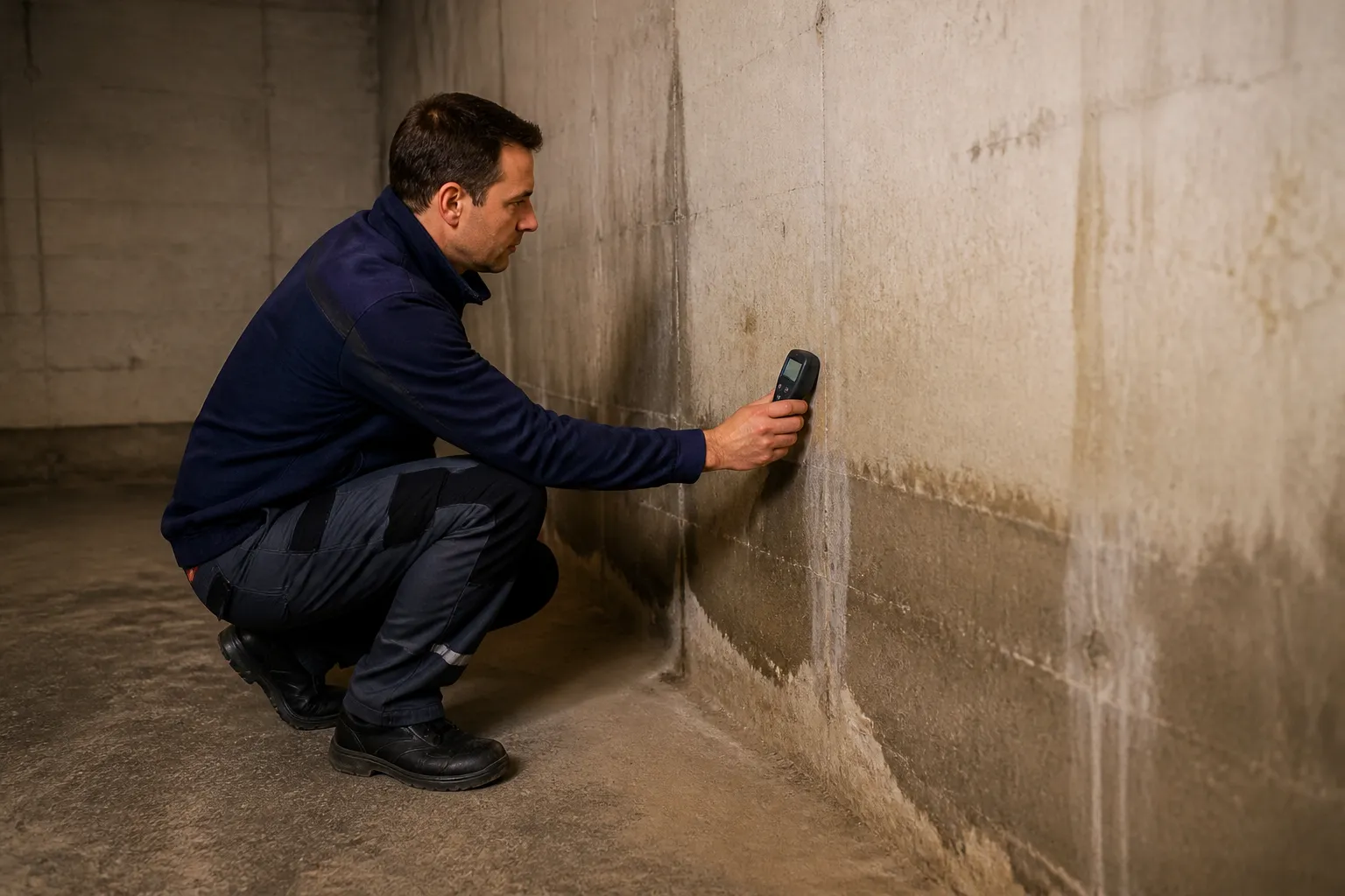 Expert mesurant l’humidité d’un mur de garage en sous-sol