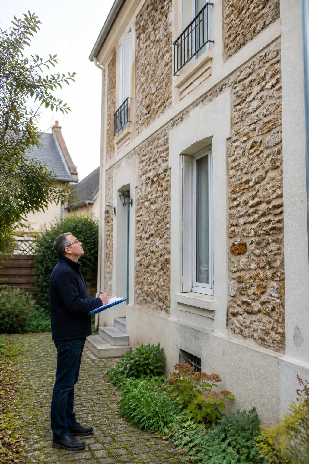 Expert en bâtiment observant une maison ancienne avant un achat à Corbeil-Essonnes