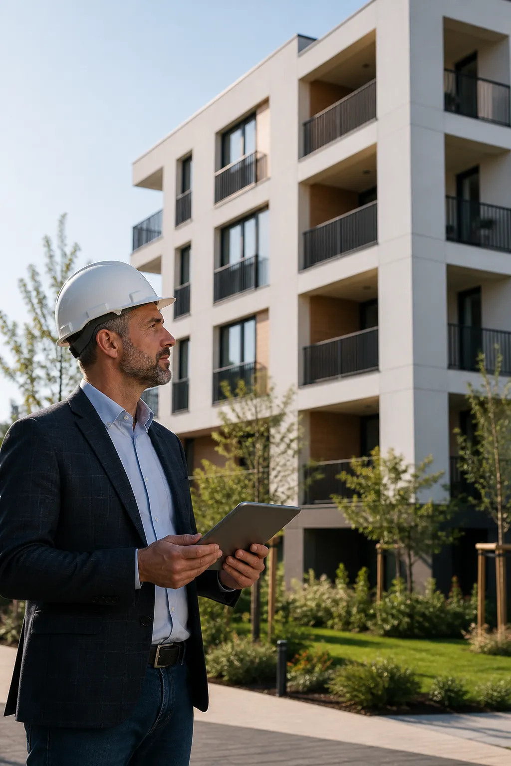 Expert en bâtiment devant une résidence récente avant un achat à Évry-Courcouronnes