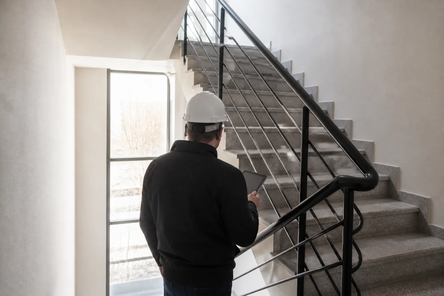 Cage d’escalier d’un immeuble en copropriété observée par un expert