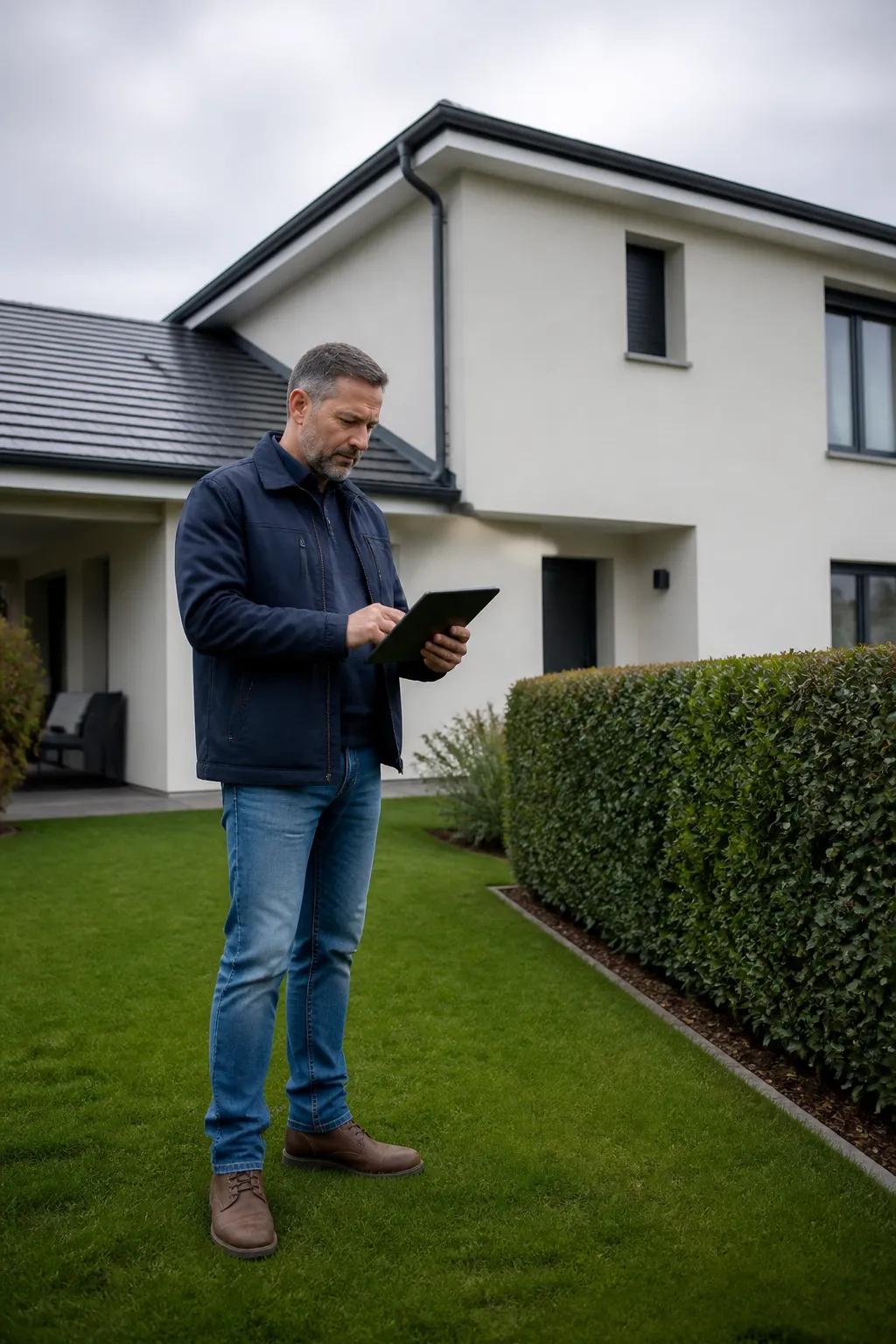 Expert en bâtiment devant une maison avec jardin avant un achat à Savigny-sur-Orge