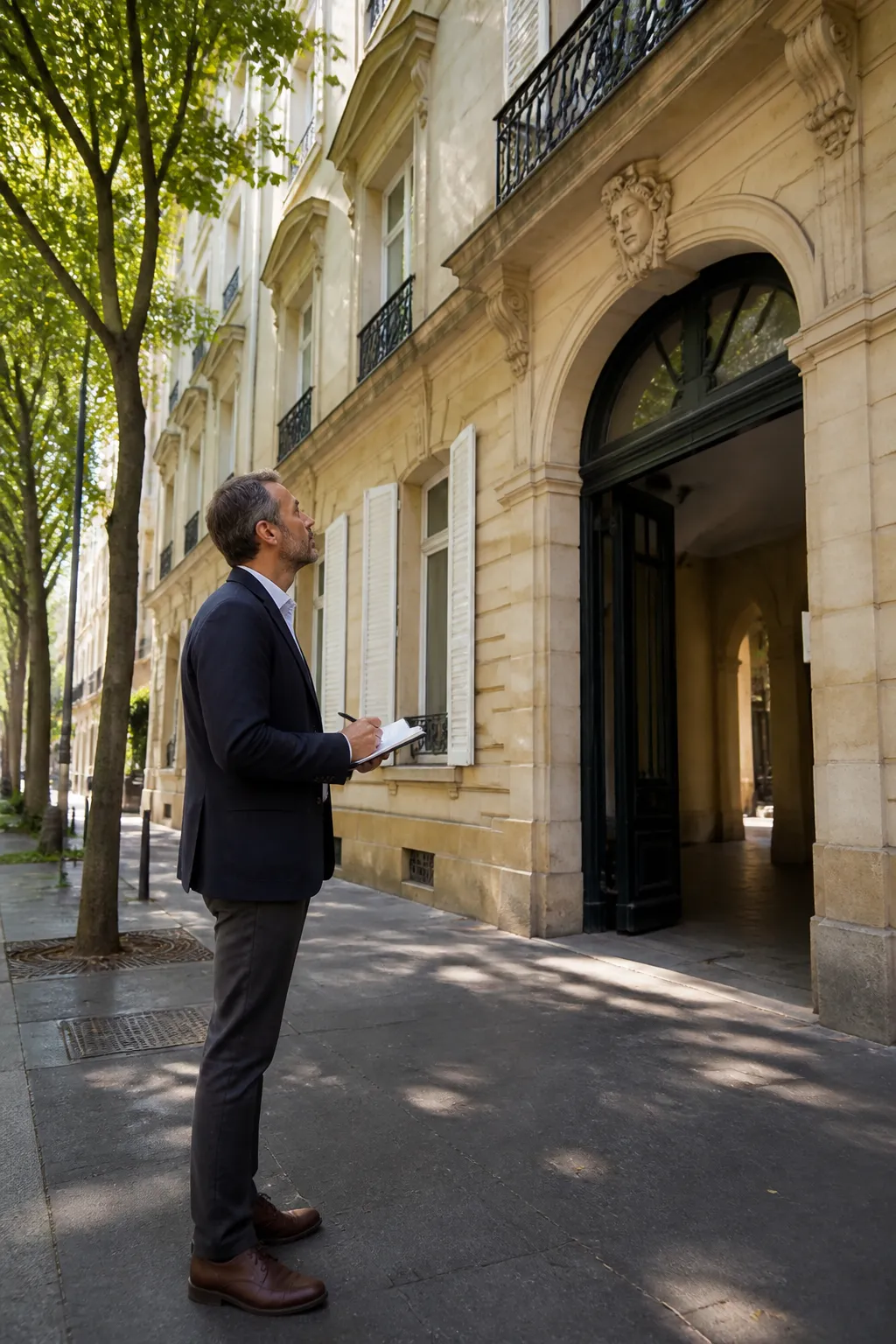 Expert en bâtiment devant un immeuble résidentiel avant un achat à Asnières-sur-Seine