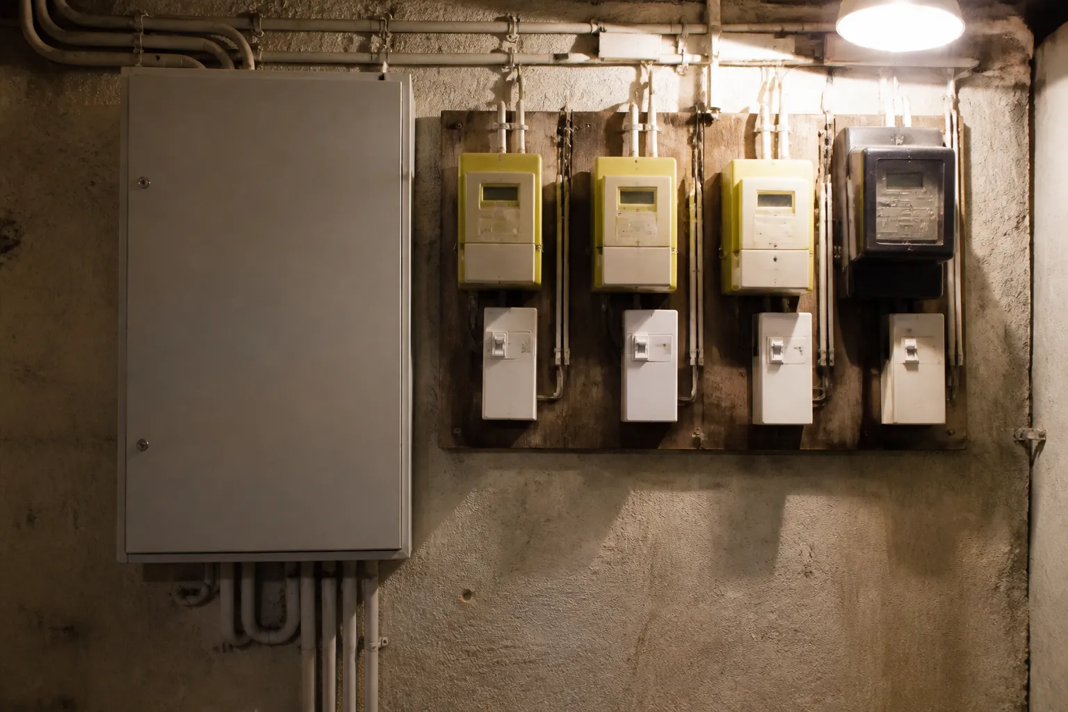 Tableau électrique et compteur dans une cave d’immeuble