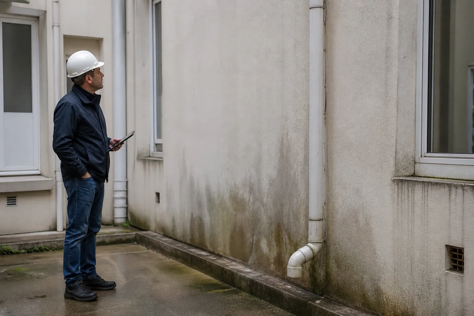 Expert observant un mur de cour intérieure