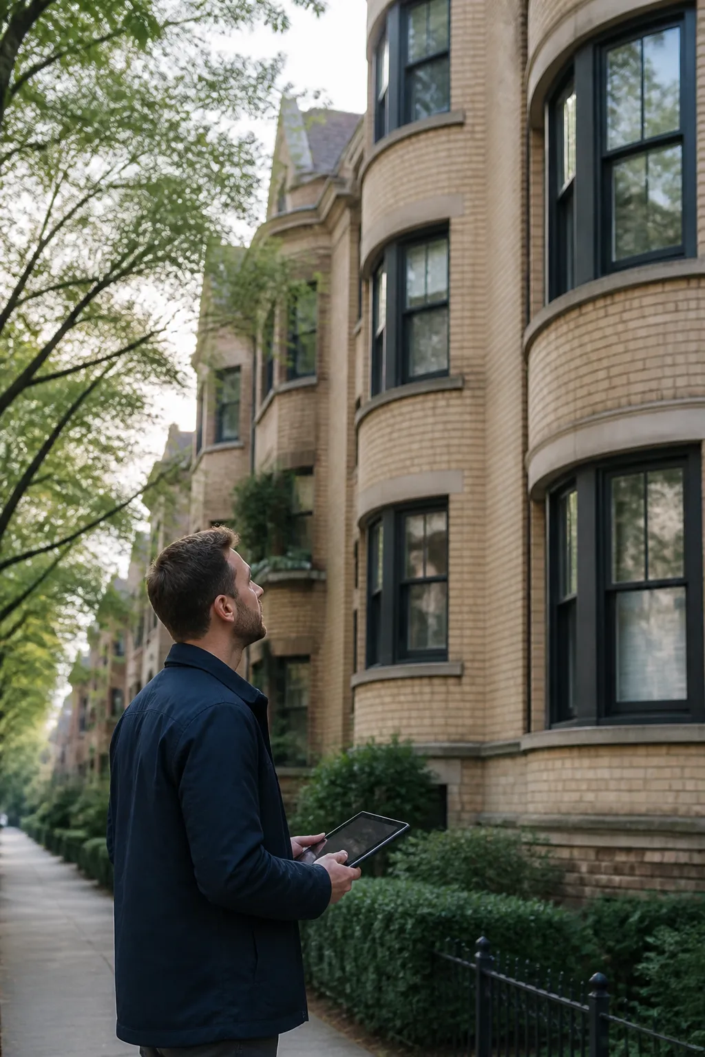 Expert en bâtiment devant un immeuble des années 1930 avant un achat à Boulogne-Billancourt