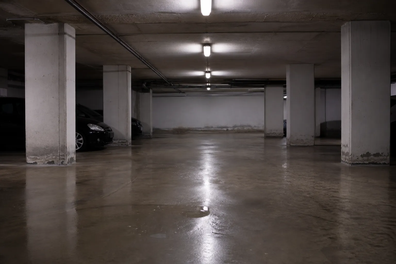 Parking souterrain d’immeuble avec traces d’humidité au sol