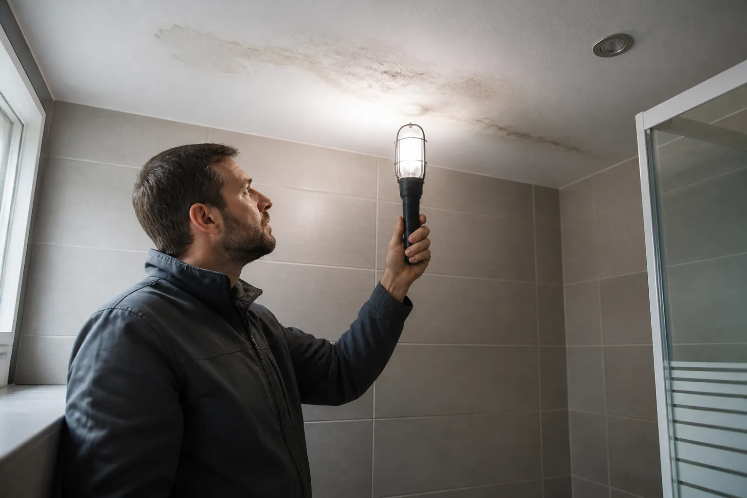 Expert examinant un plafond de salle de bains