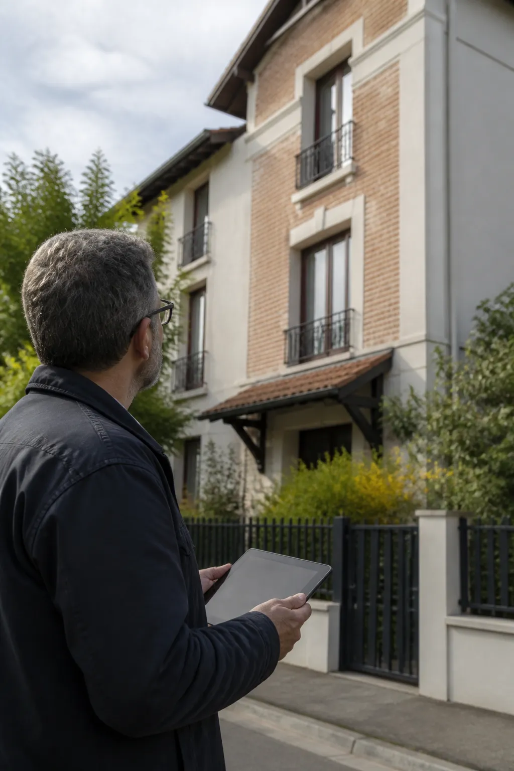 Expert en bâtiment devant un pavillon de ville avant un achat à Colombes