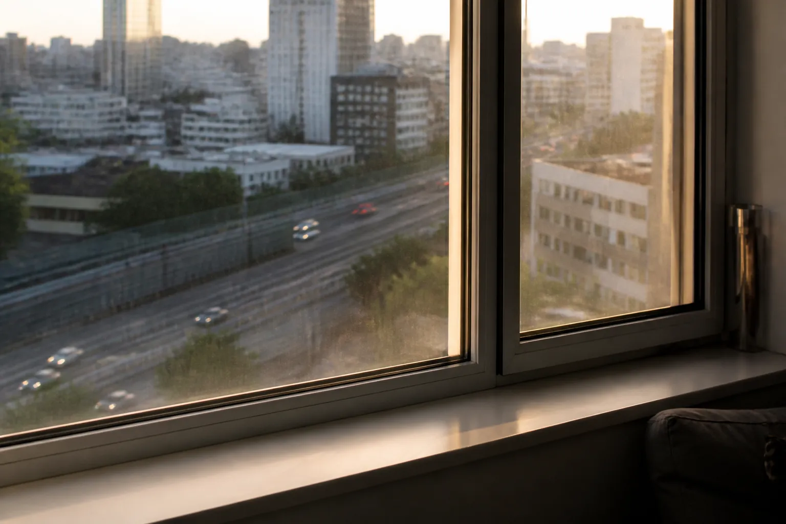 Fenêtre d’appartement avec vue sur une voie rapide floue