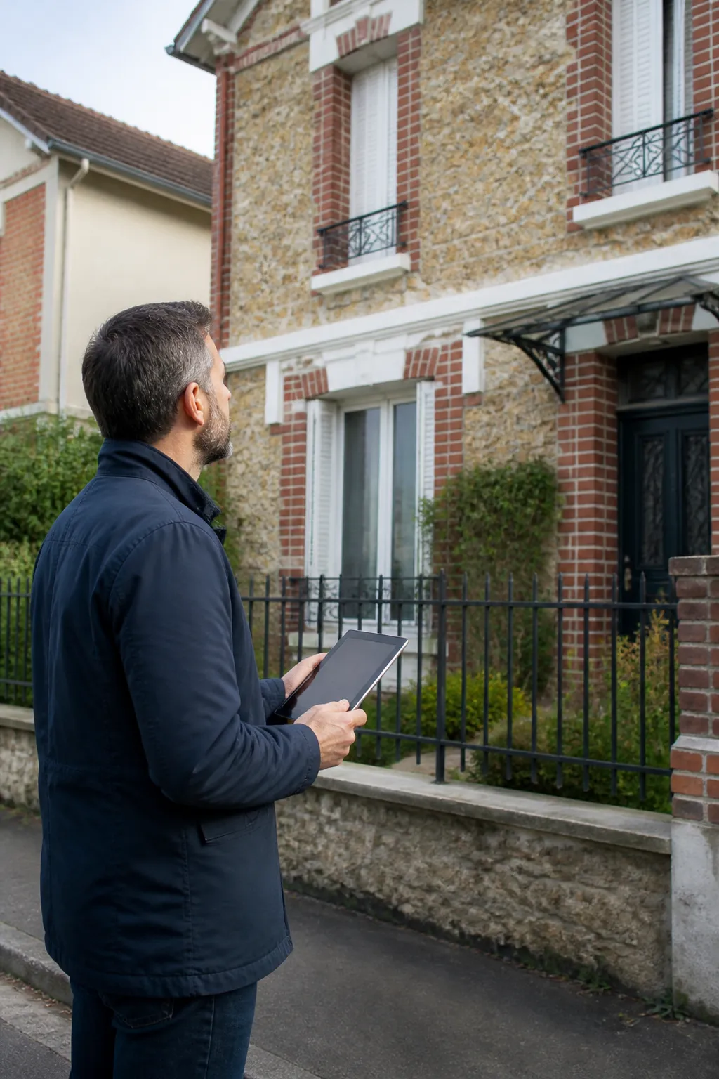 Expert en bâtiment devant un pavillon de ville avant un achat à Nanterre