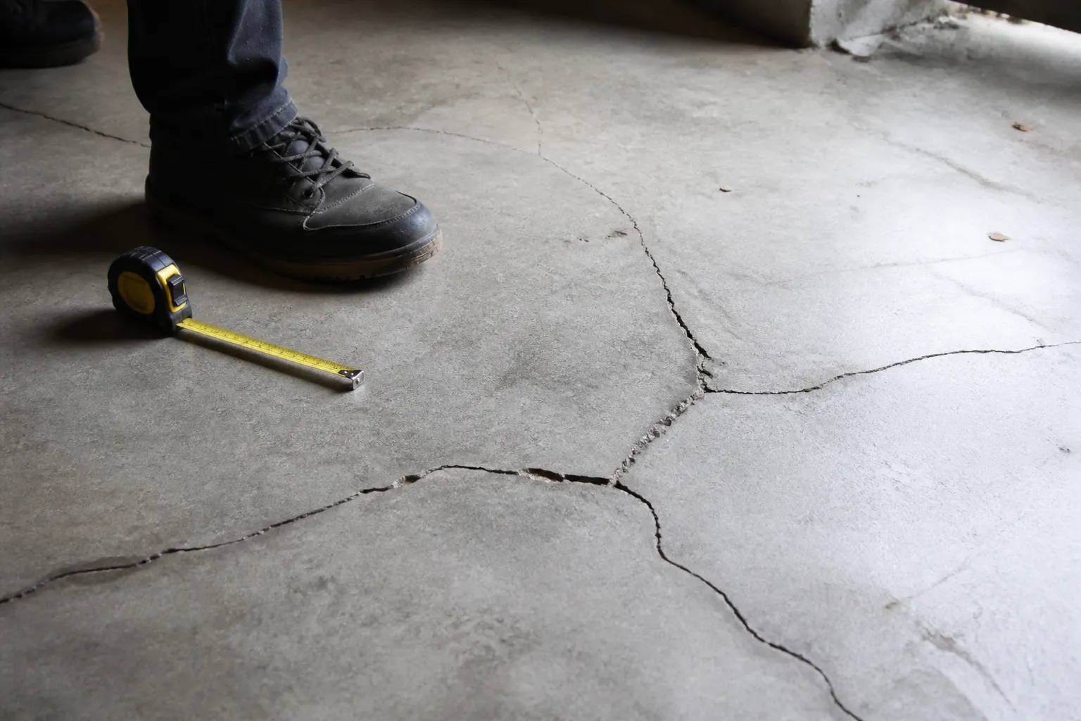 Fissures sur un dallage de garage observées par un expert