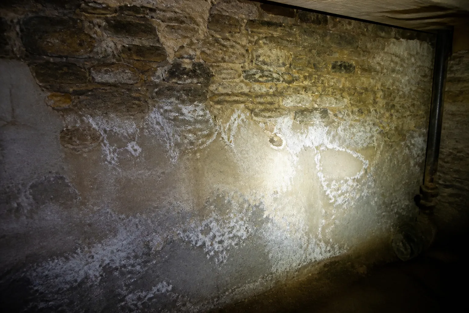 Mur de cave avec efflorescences blanches dues à l’humidité