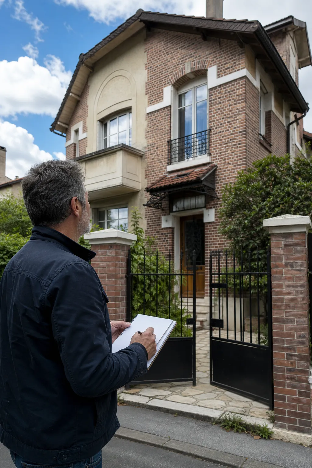 Expert en bâtiment devant un pavillon de banlieue à Bobigny