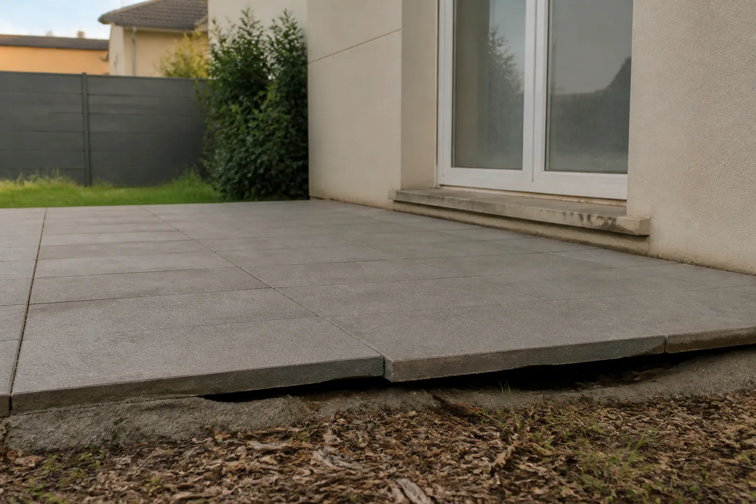 Dallage de terrasse décollé du mur d’une maison