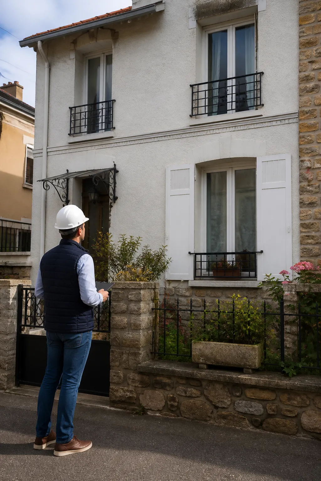 Expert en bâtiment observant une maison de ville avec jardin à Montreuil