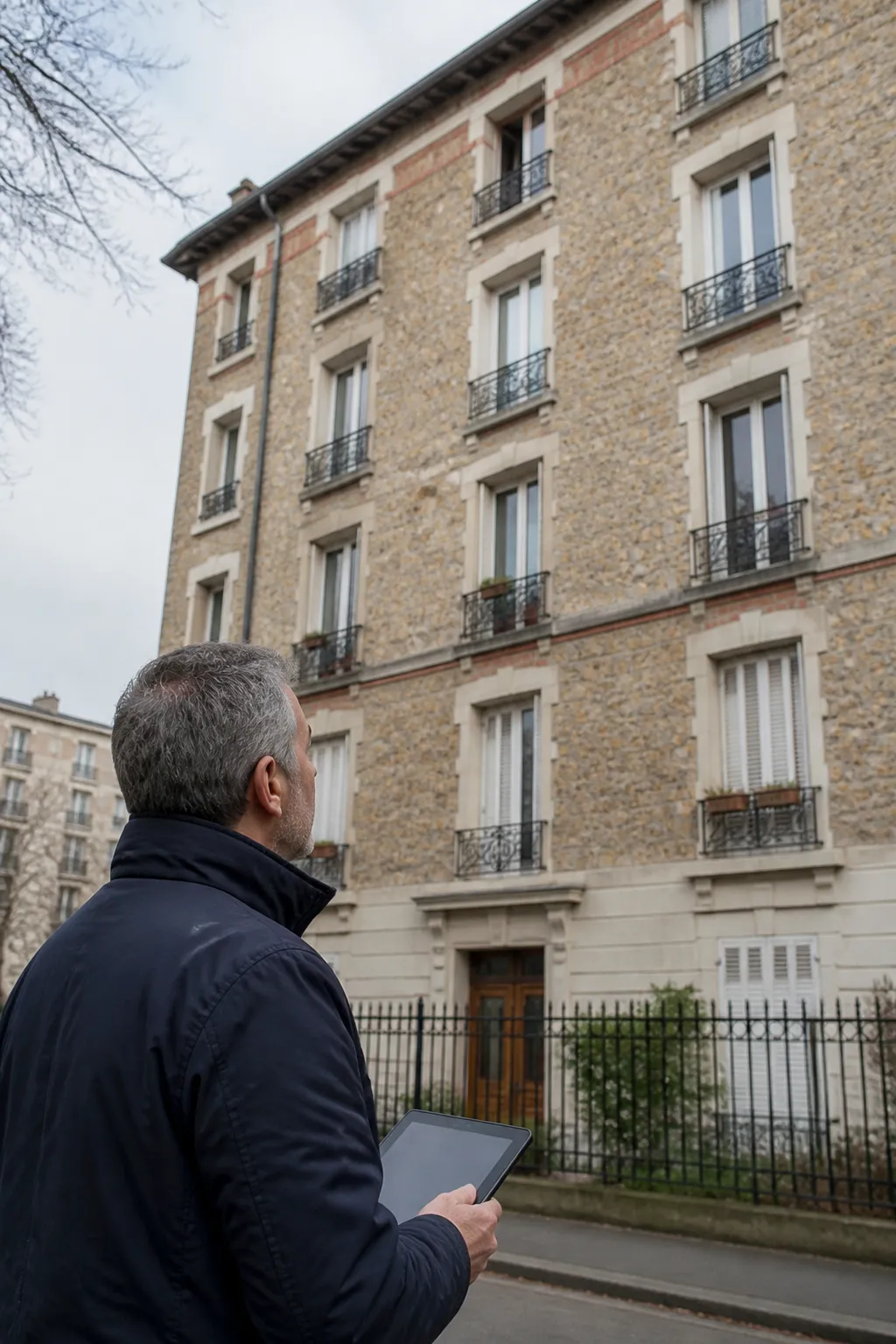 Expert en bâtiment devant un immeuble ancien de proche banlieue à Saint-Denis