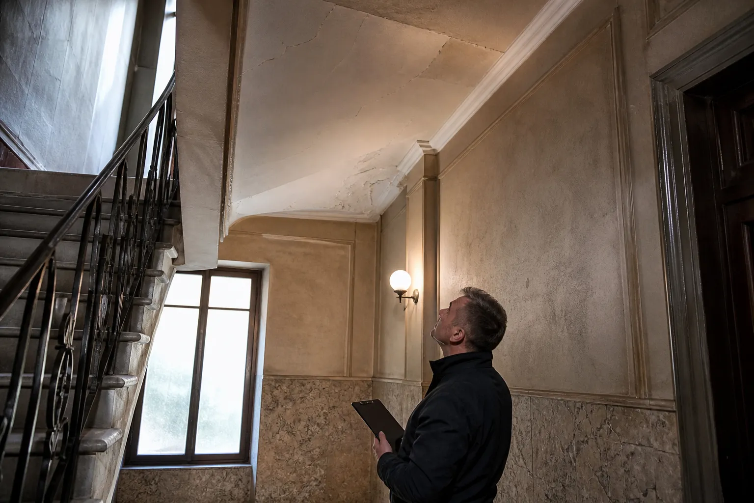 Expert examinant les parties communes d’un immeuble