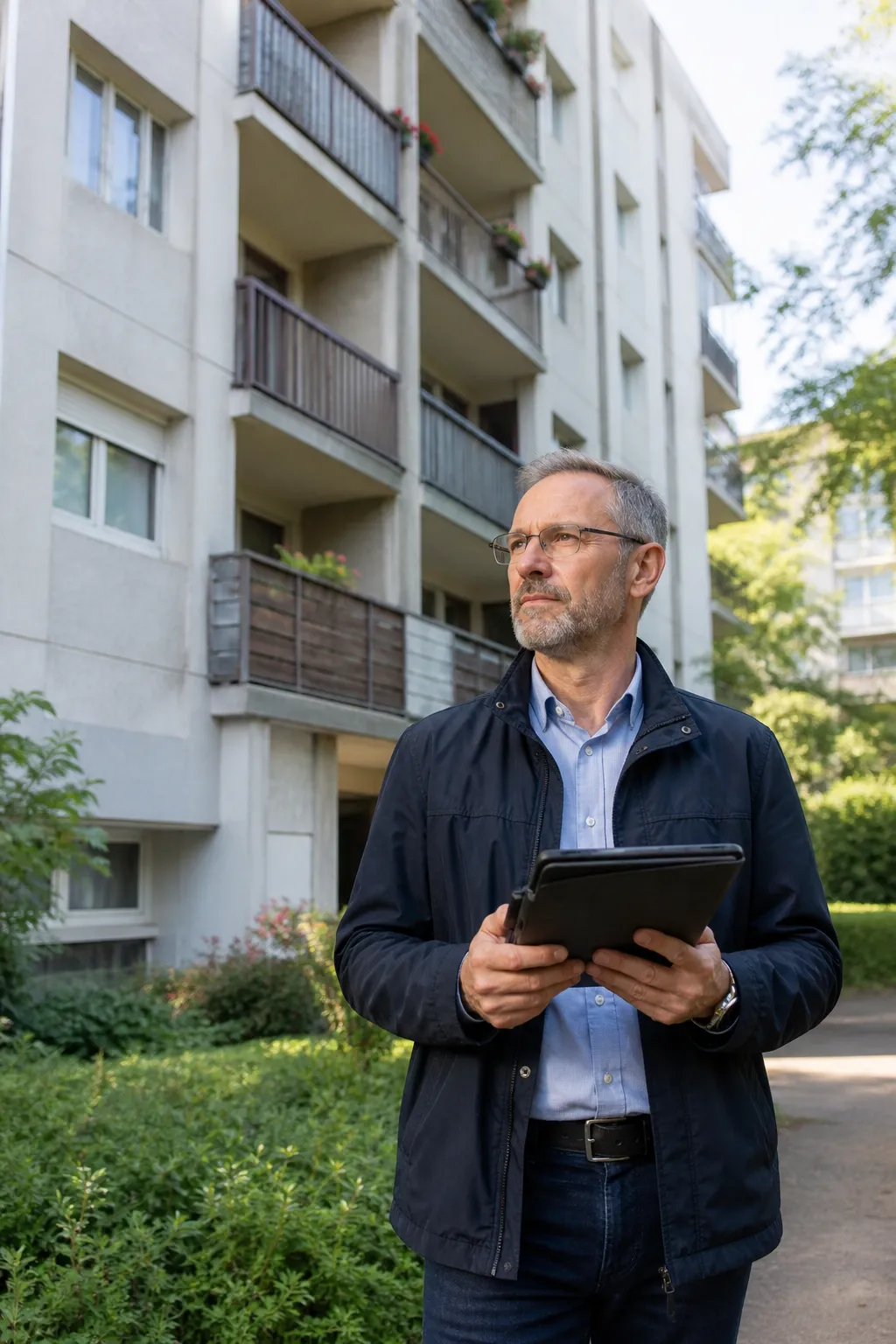 Expert en bâtiment devant une résidence avec balcons à Créteil
