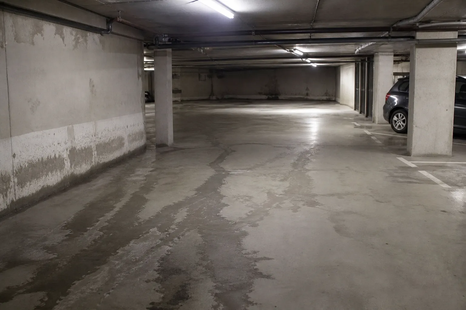 Parking souterrain d’immeuble avec traces d’eau au sol
