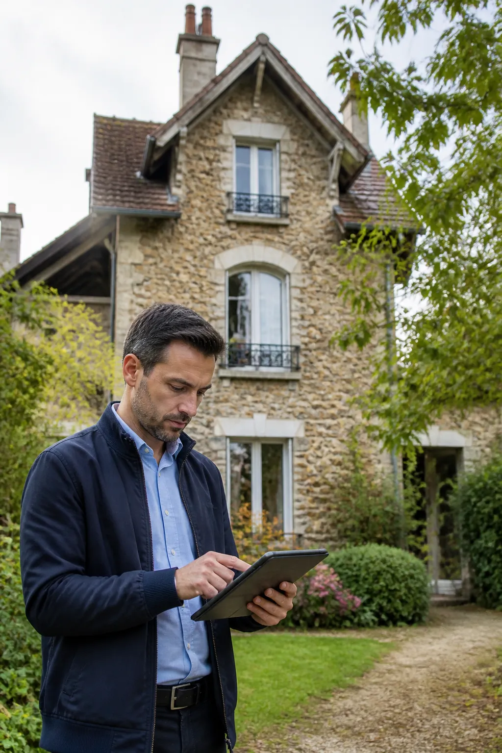 Expert en bâtiment devant une maison ancienne en meulière avec jardin