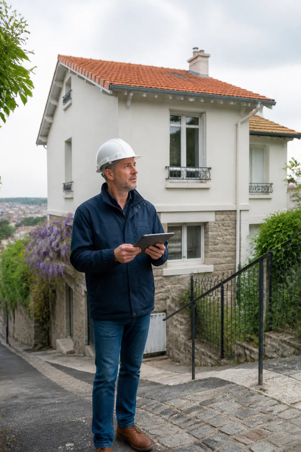 Expert en bâtiment devant un pavillon sur une rue en pente