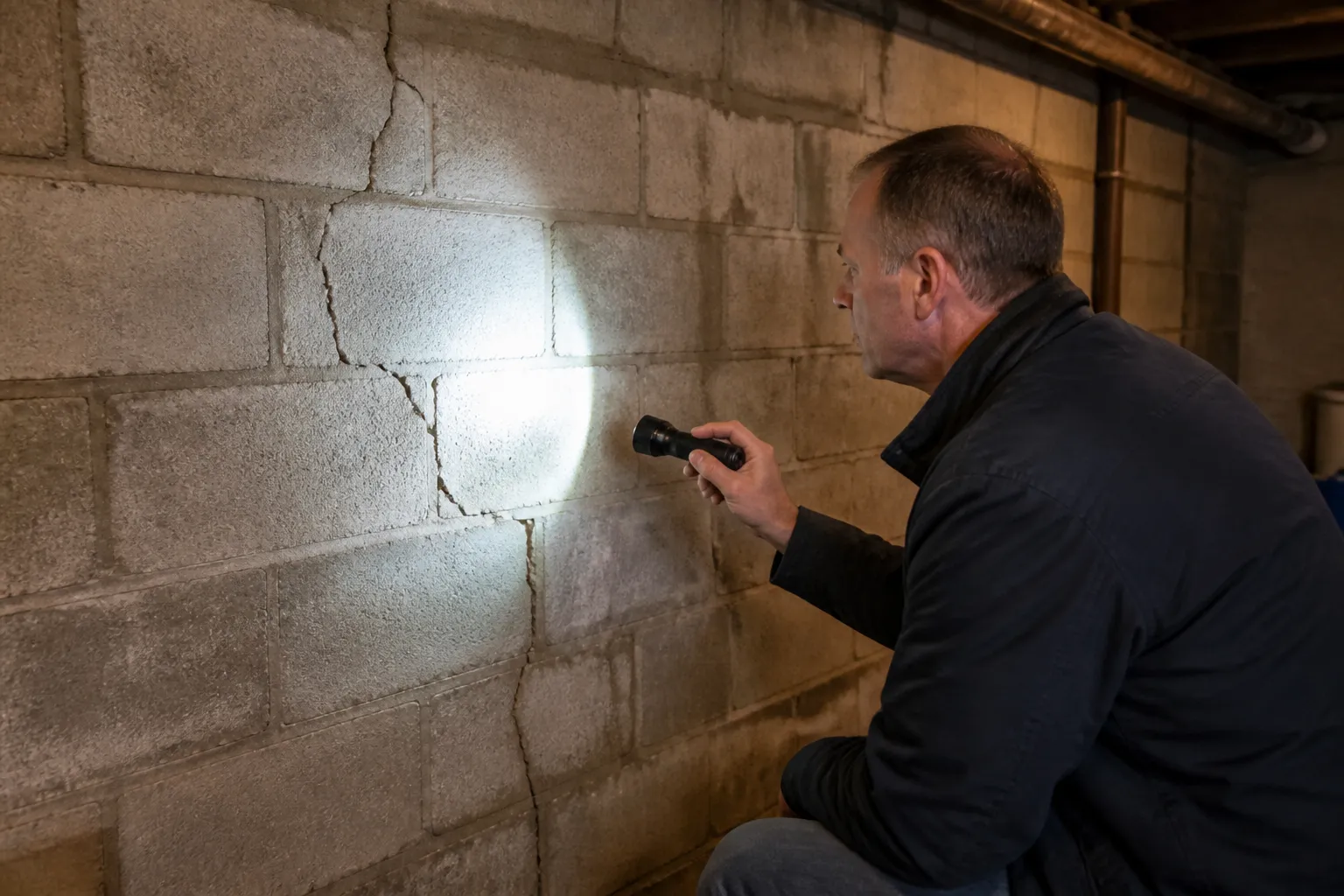 Expert examinant un mur de sous-sol fissuré
