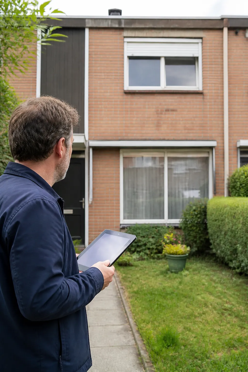 Expert en bâtiment devant une maison en briques de ville nouvelle