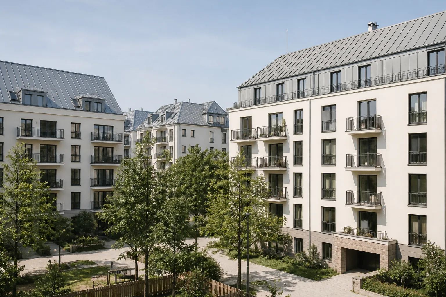 Petits immeubles récents à toits en zinc autour d’un square