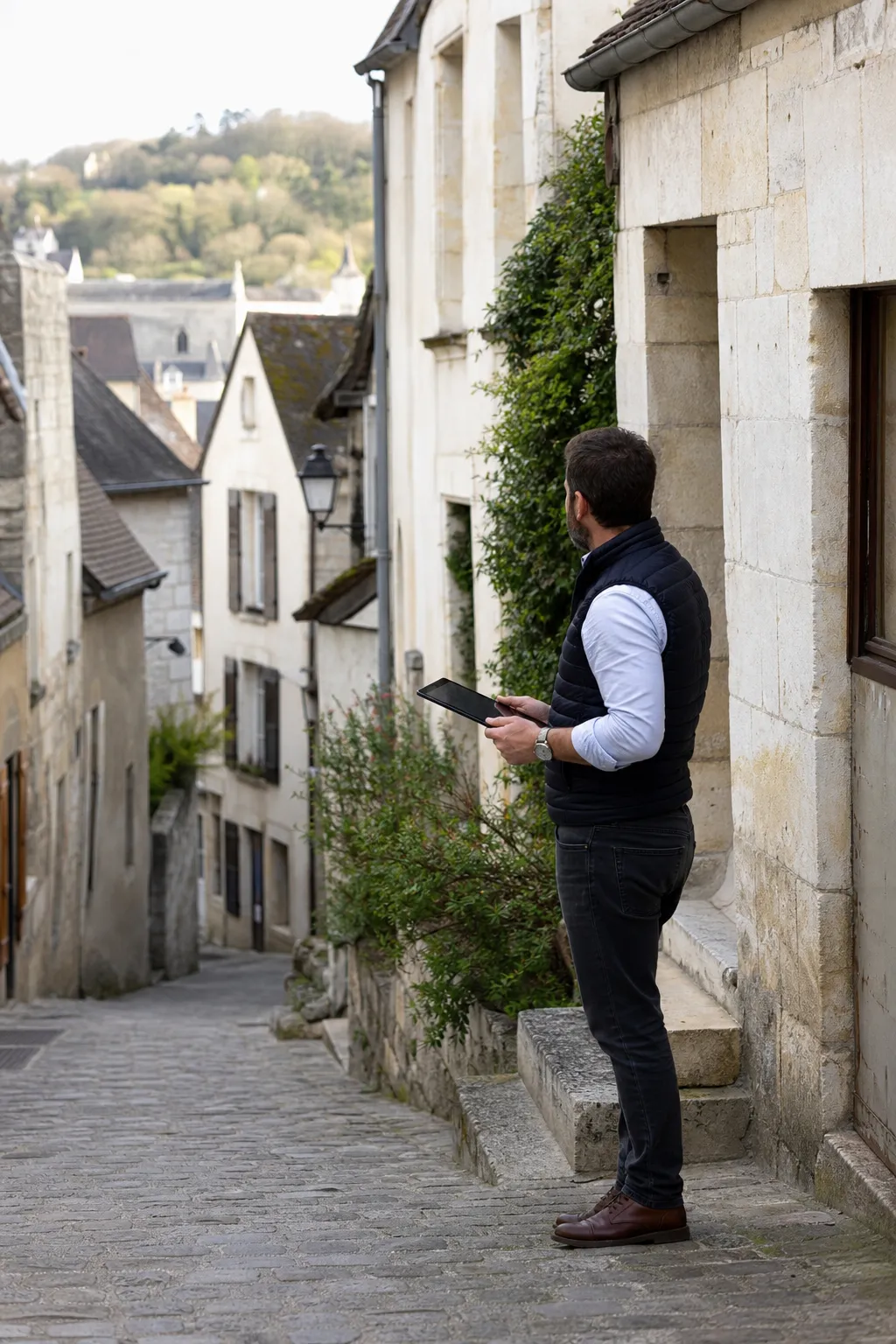 Expert en bâtiment dans une rue ancienne en pente bordée de maisons en pierre