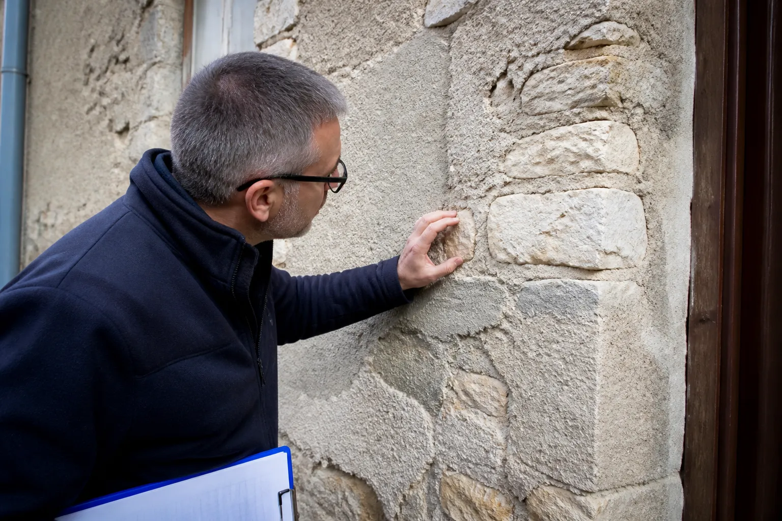 Expert examinant la façade d’une maison de ville ancienne