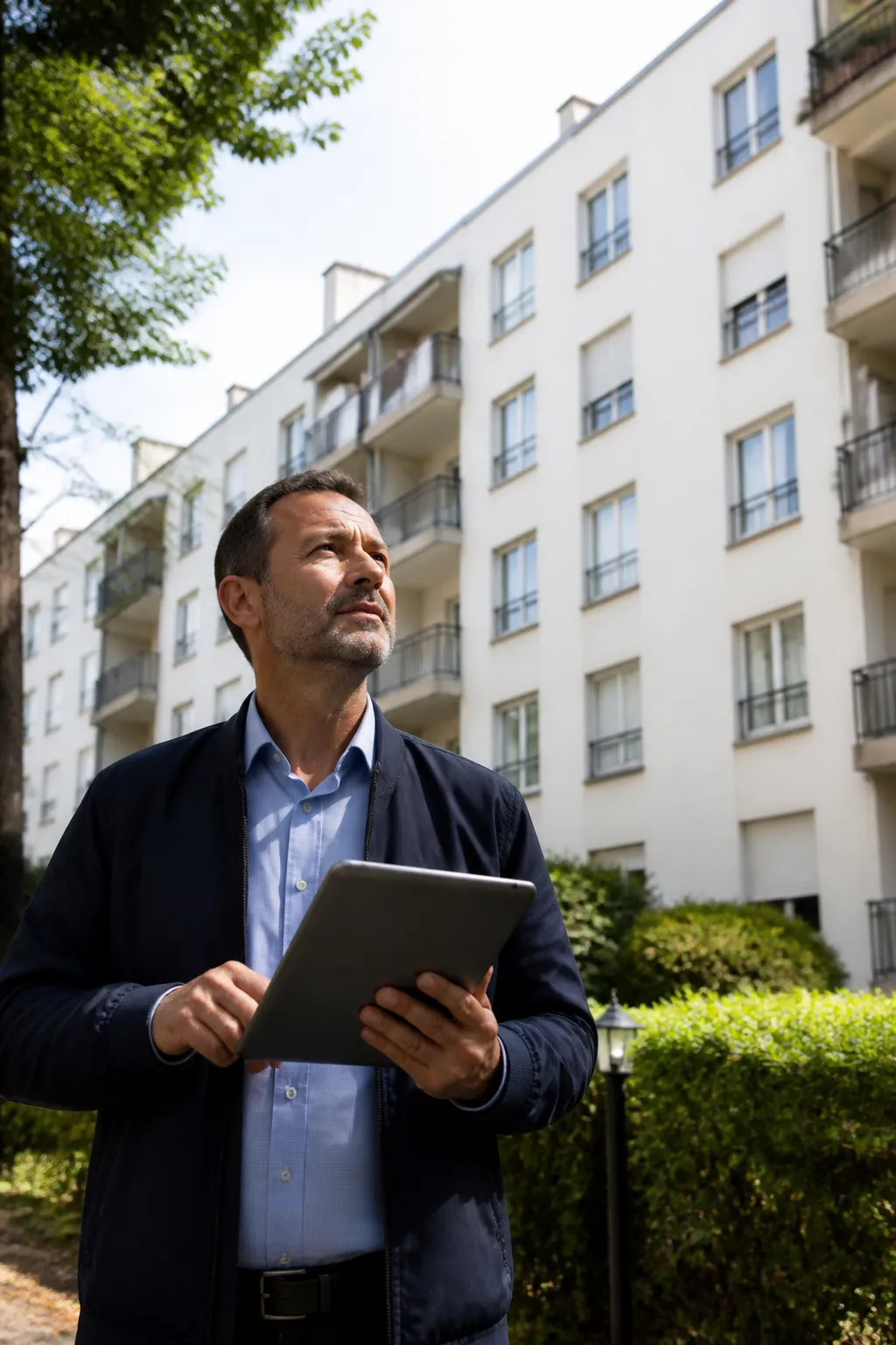 Expert en bâtiment devant un immeuble résidentiel des années 1960