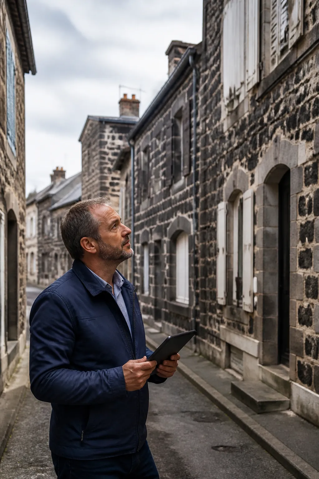 Expert en bâtiment dans une ruelle ancienne bordée de maisons en pierre sombre