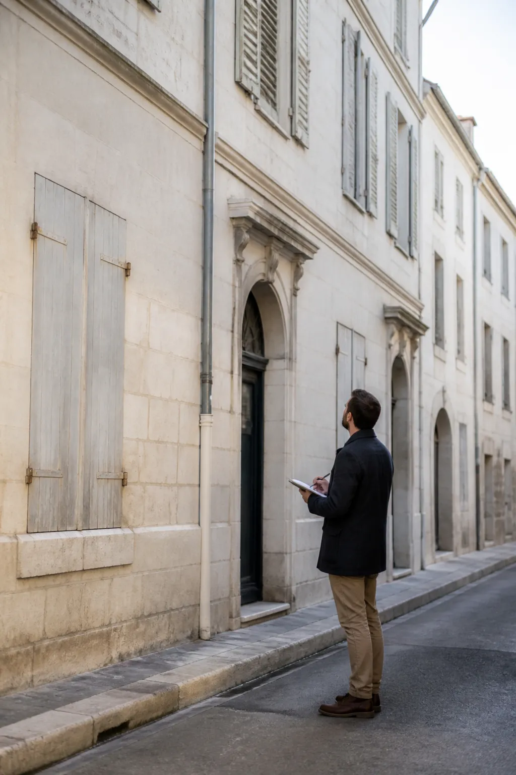 Expert en bâtiment observant la façade d’un immeuble ancien en pierre claire à Aix-en-Provence