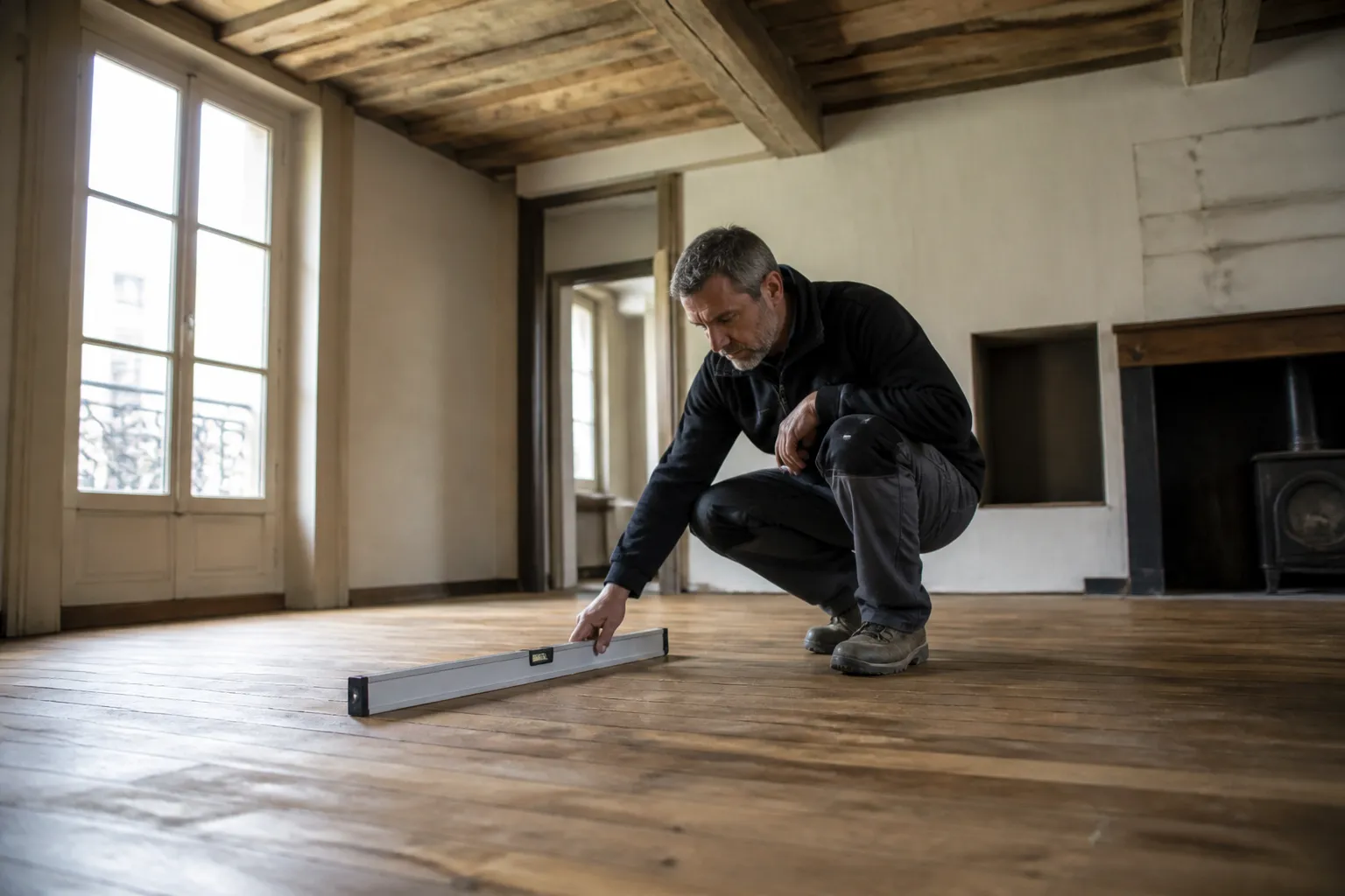 Plancher bois ancien examiné dans un appartement de centre historique