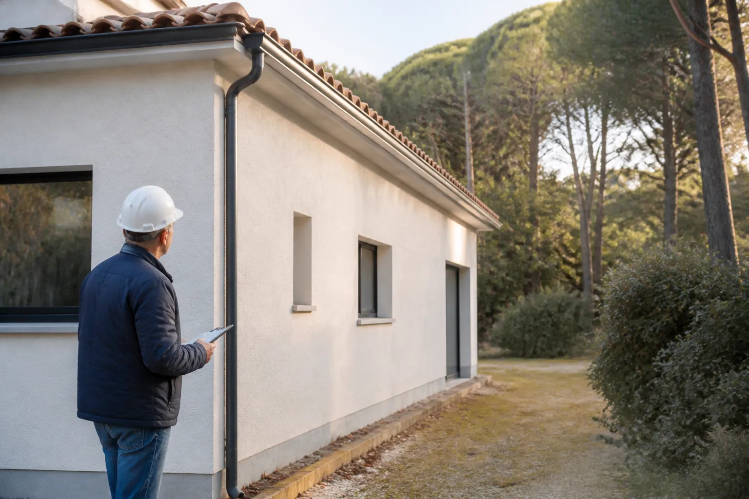 Expert vérifiant les abords végétalisés d’une maison en lisière de pinède