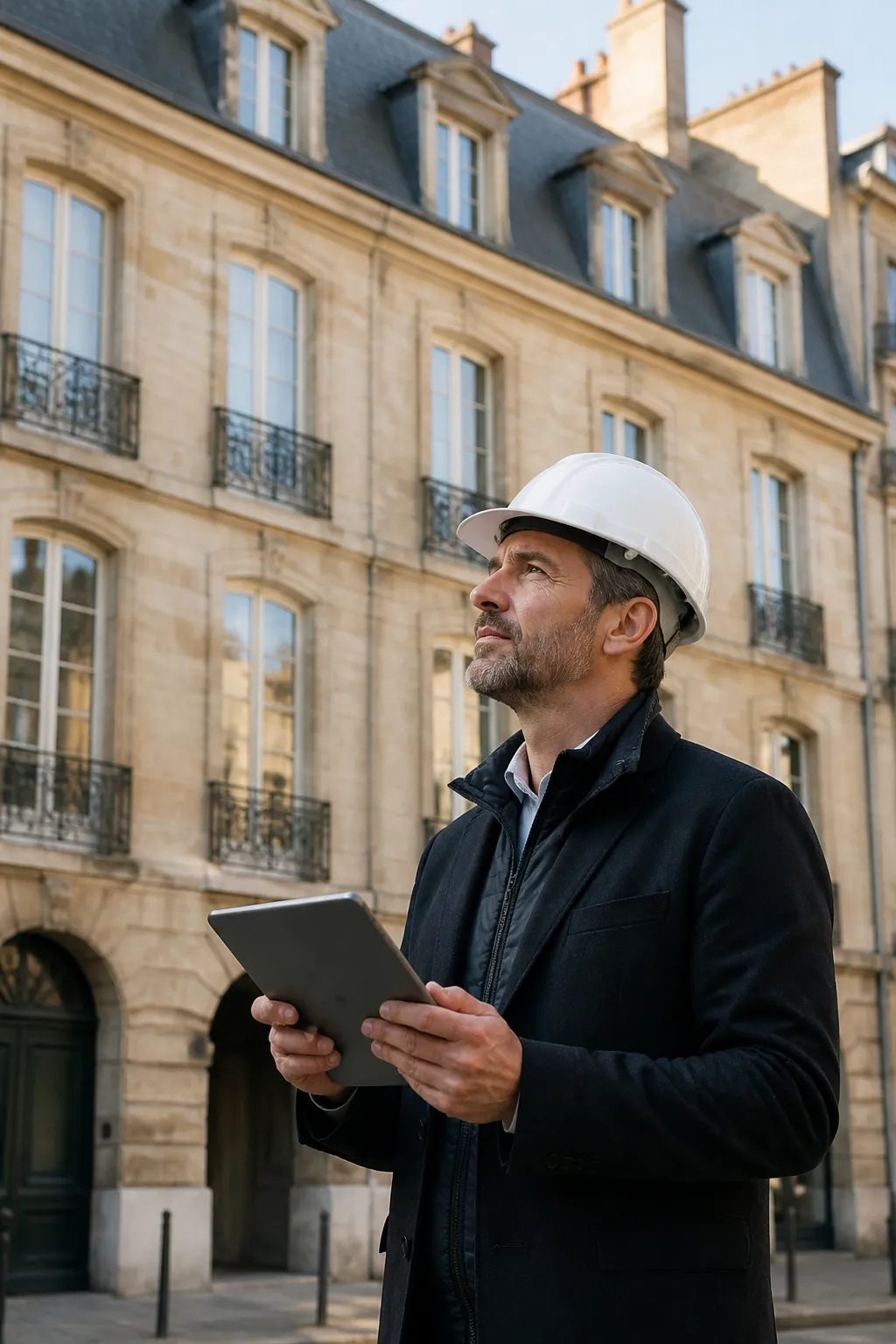 Expert en bâtiment devant un immeuble ancien en pierre claire couvert d’ardoise