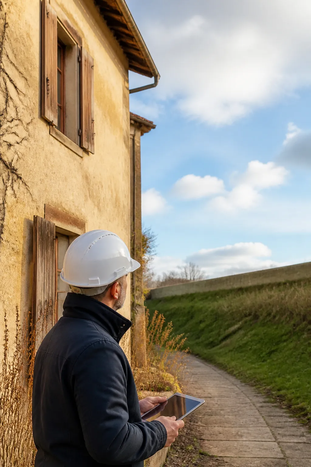 Expert en bâtiment devant une maison ancienne aux murs enduits près d’une digue, à Arles